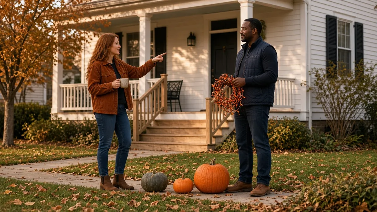 Couple planning Halloween outdoor decor on the front lawn of a white clapboard house, holding orange string lights and a mug