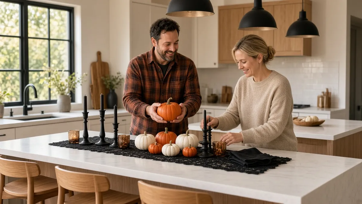 Couple at a kitchen island sorting black candlesticks, mini pumpkins and a lace runner in black, burnt orange and ivory