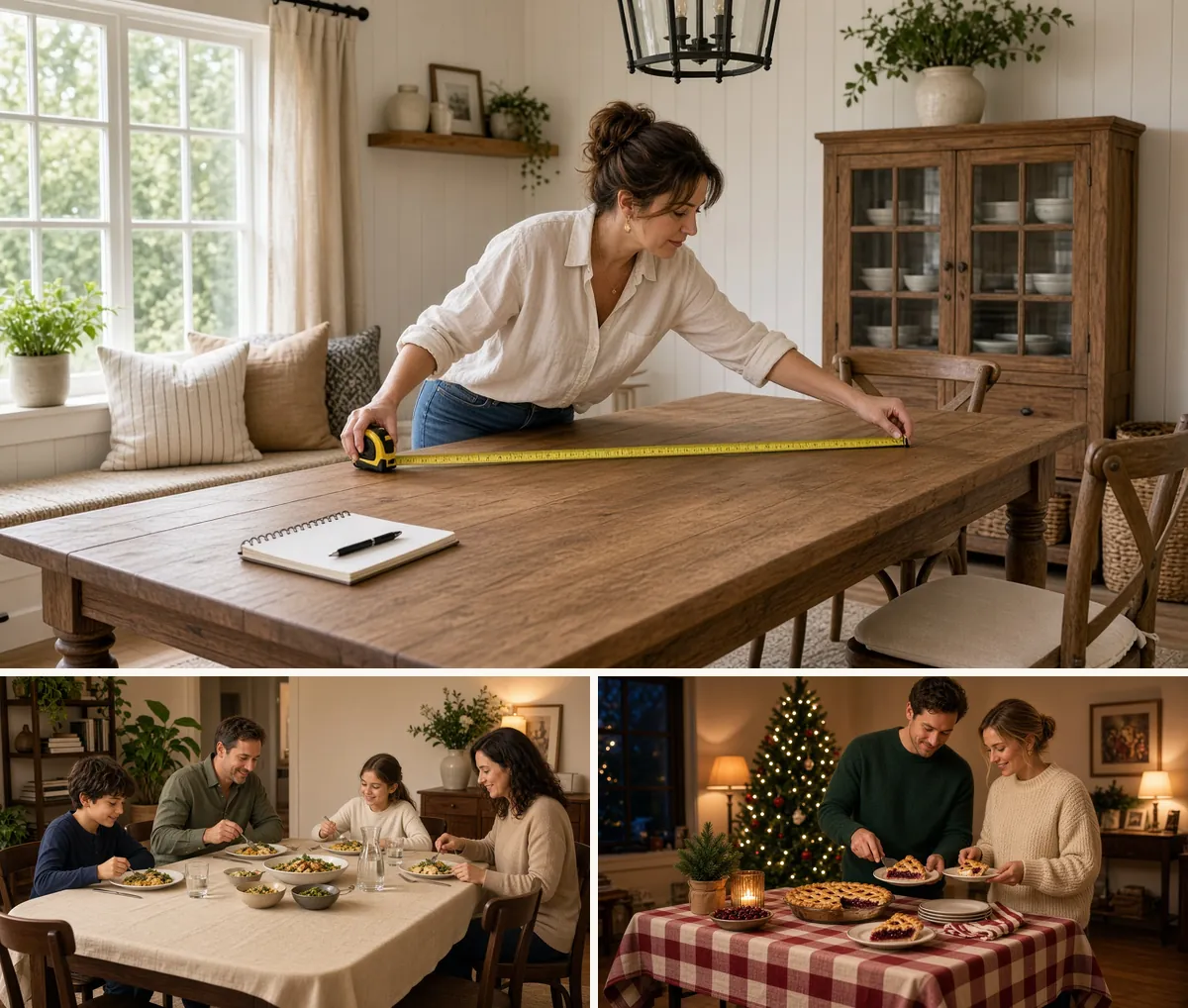 Collage of measuring a rectangular dining table, an oblong cloth for family dinner and a banquet table set for Christmas