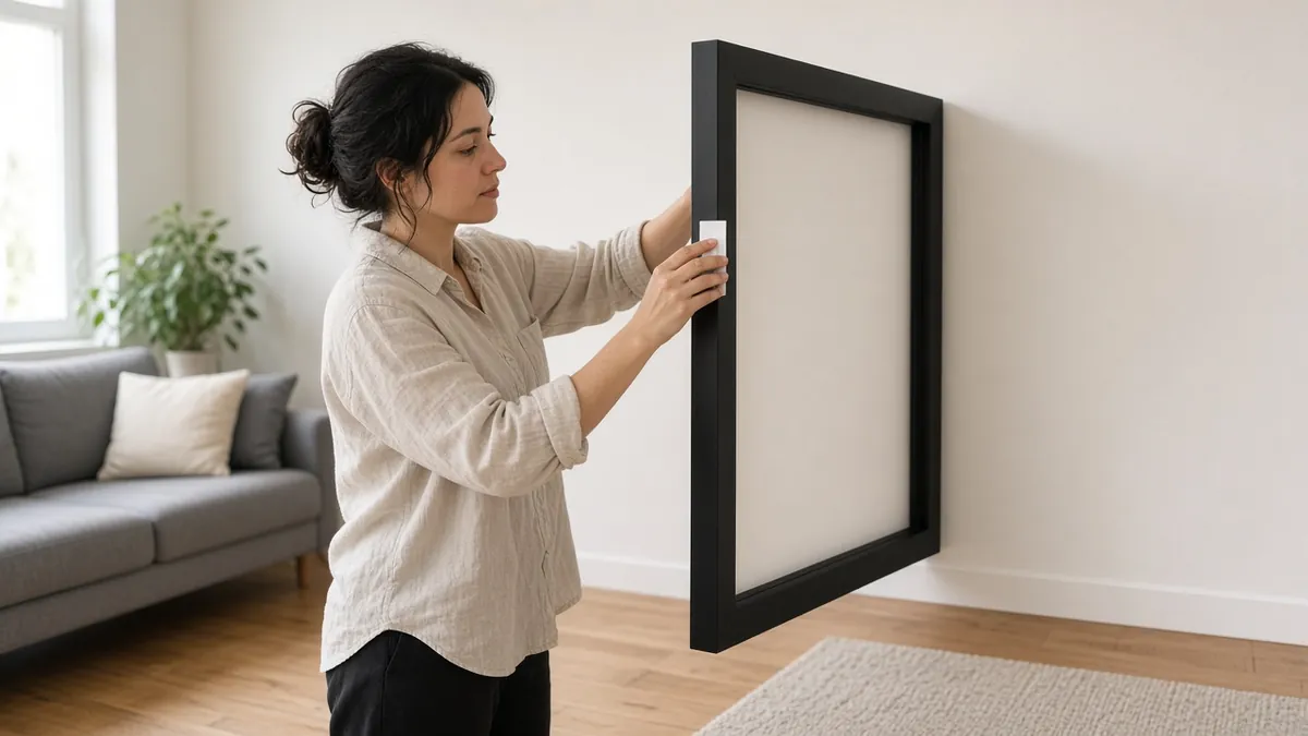 Young woman pressing Command picture hanging strips onto the back of a frame in a bright apartment living room