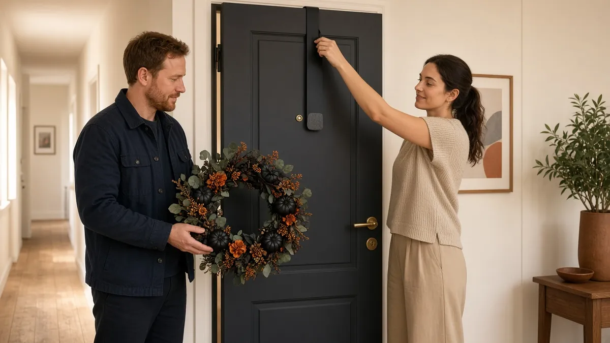 Woman fitting a slim black over-the-door wreath hanger on an apartment door while her partner holds a black floral wreath