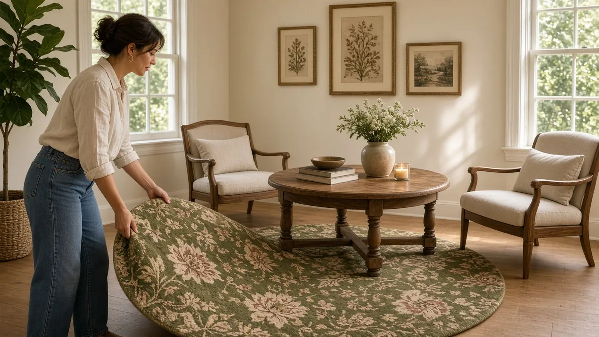 Woman placing a 6 foot round vintage floral rug under a round coffee table in a bright living room nook with sash windows