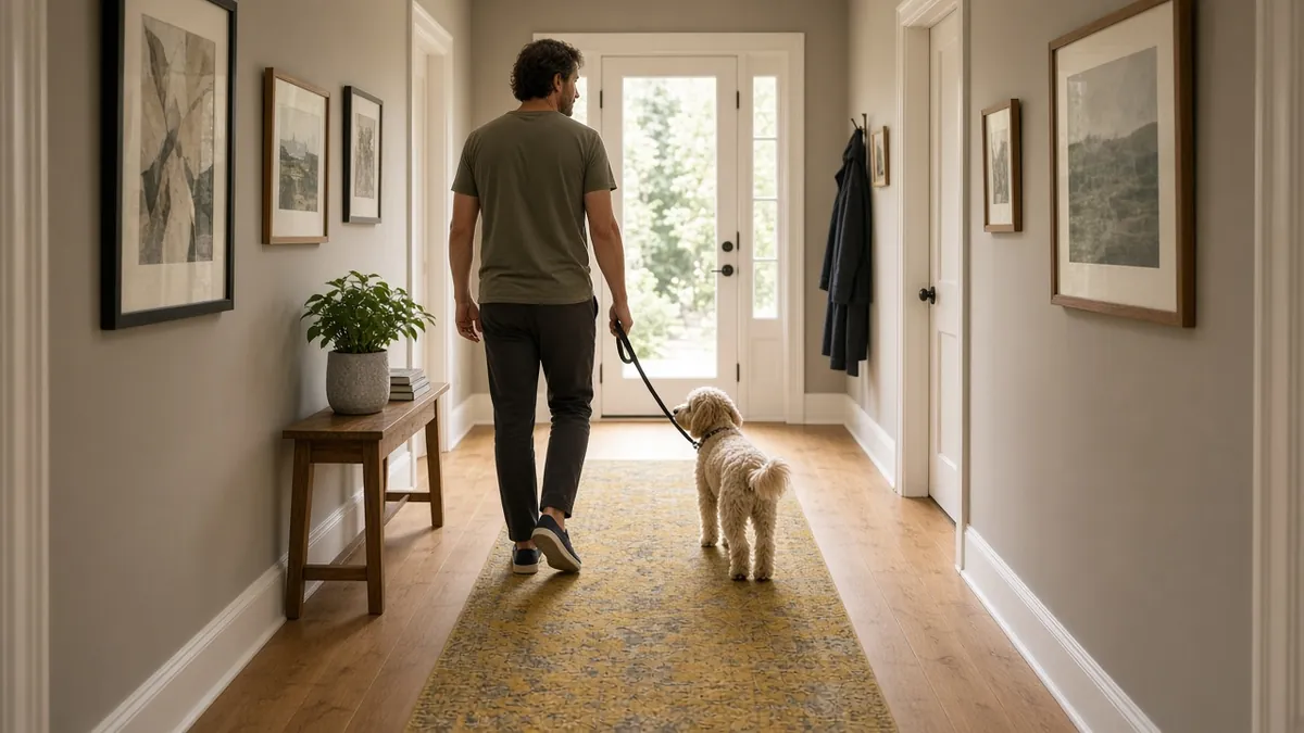 Person walking a dog down a hallway on a 2x8 washable runner with warm turmeric and grey tones, oak floors, framed prints