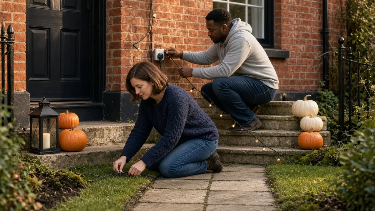 Couple keeping Halloween decor safe, tucking an outdoor cord along the lawn and plugging string lights into an outdoor socket