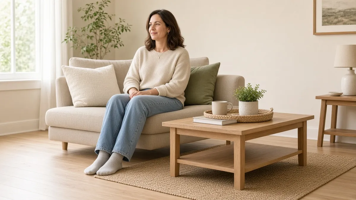 Woman sitting with feet flat on floor on sofa showing seat height, coffee table aligned nearby in bright living room