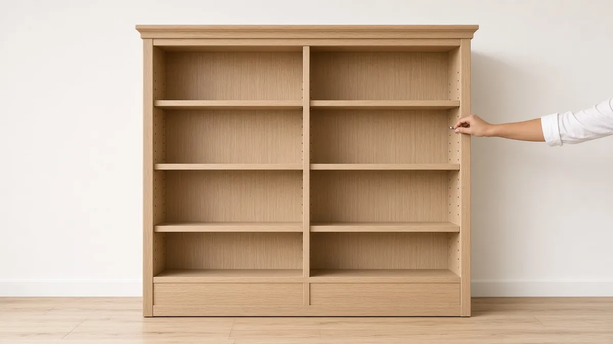 Labeled-style view of an empty wood bookcase showing the top, side uprights, adjustable shelves, back panel and base