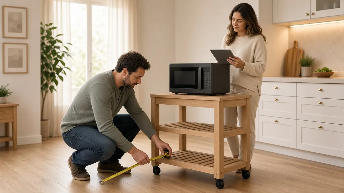 Couple comparing a rolling kitchen microwave cart in a warm modern kitchen before holiday hosting
