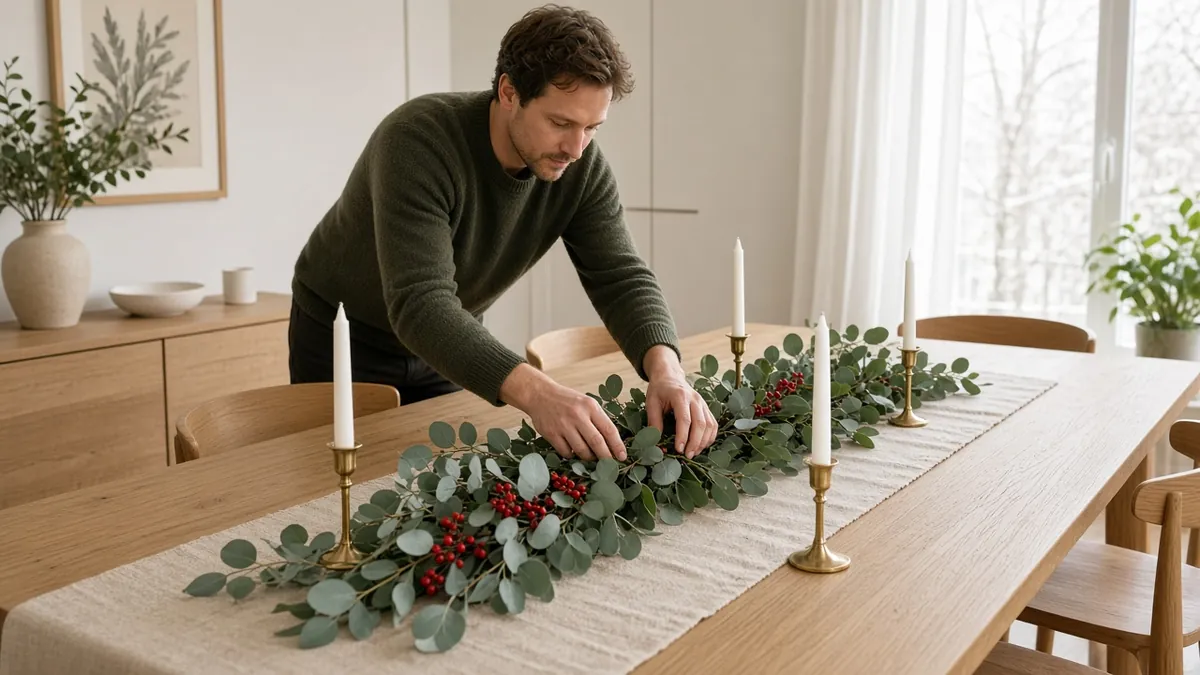 Simple Christmas dining table with eucalyptus garland, red berries and white taper candles in brass holders on oak