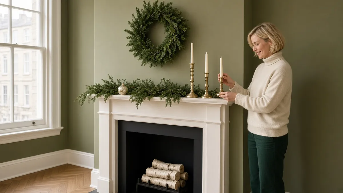 Woman placing a candle on a simple Christmas mantel with a wreath, greenery and brass candlesticks