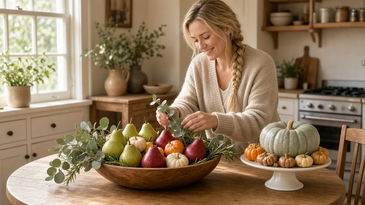 Woman arranging simple Thanksgiving centerpieces of pears, mini pumpkins and eucalyptus in a wooden bowl