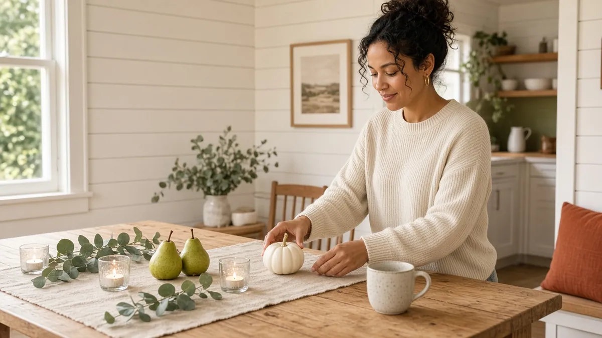 Woman arranging white pumpkins and pears on a linen runner for simple thanksgiving table decor