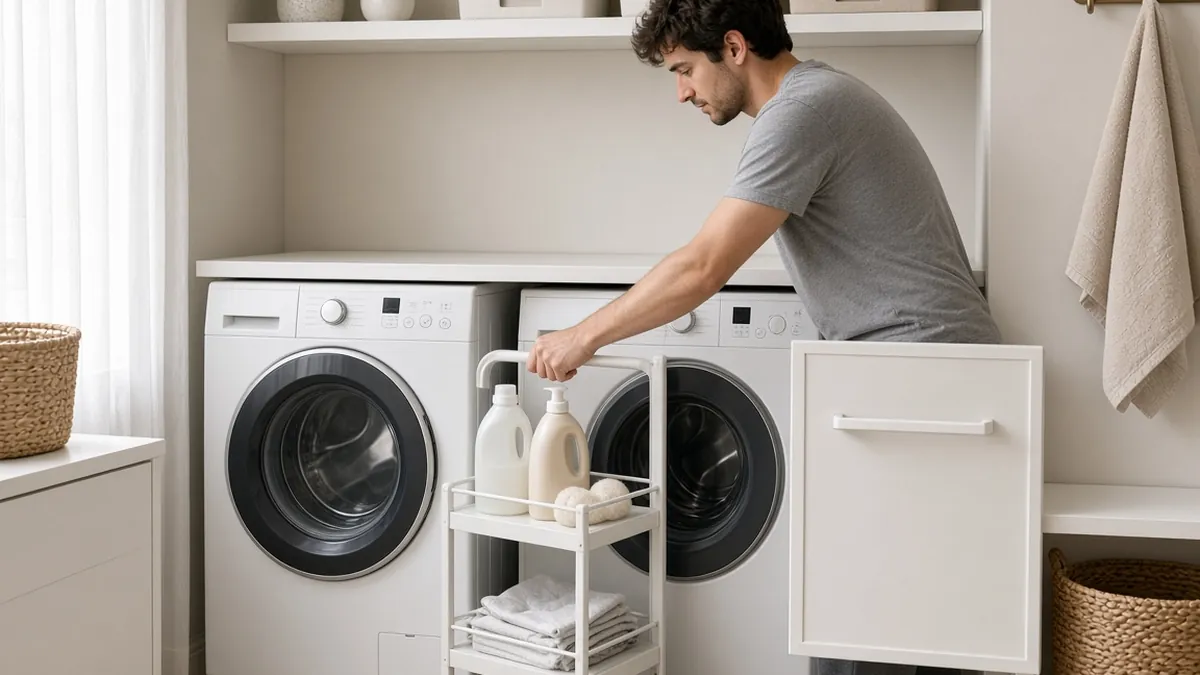 Small laundry room idea: man pulling a slim white rolling cart of detergent and towels beside a front-load washer