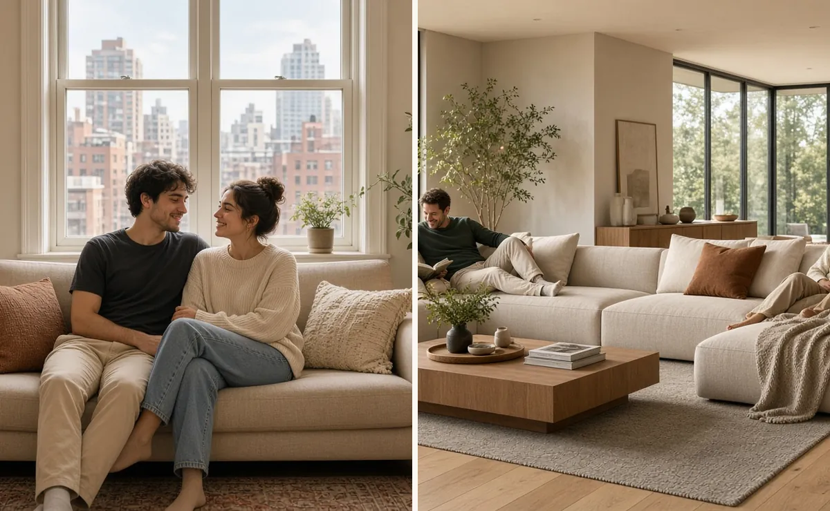 Two-panel collage: compact loveseat in studio apartment, spacious sectional in large open-plan living room with people