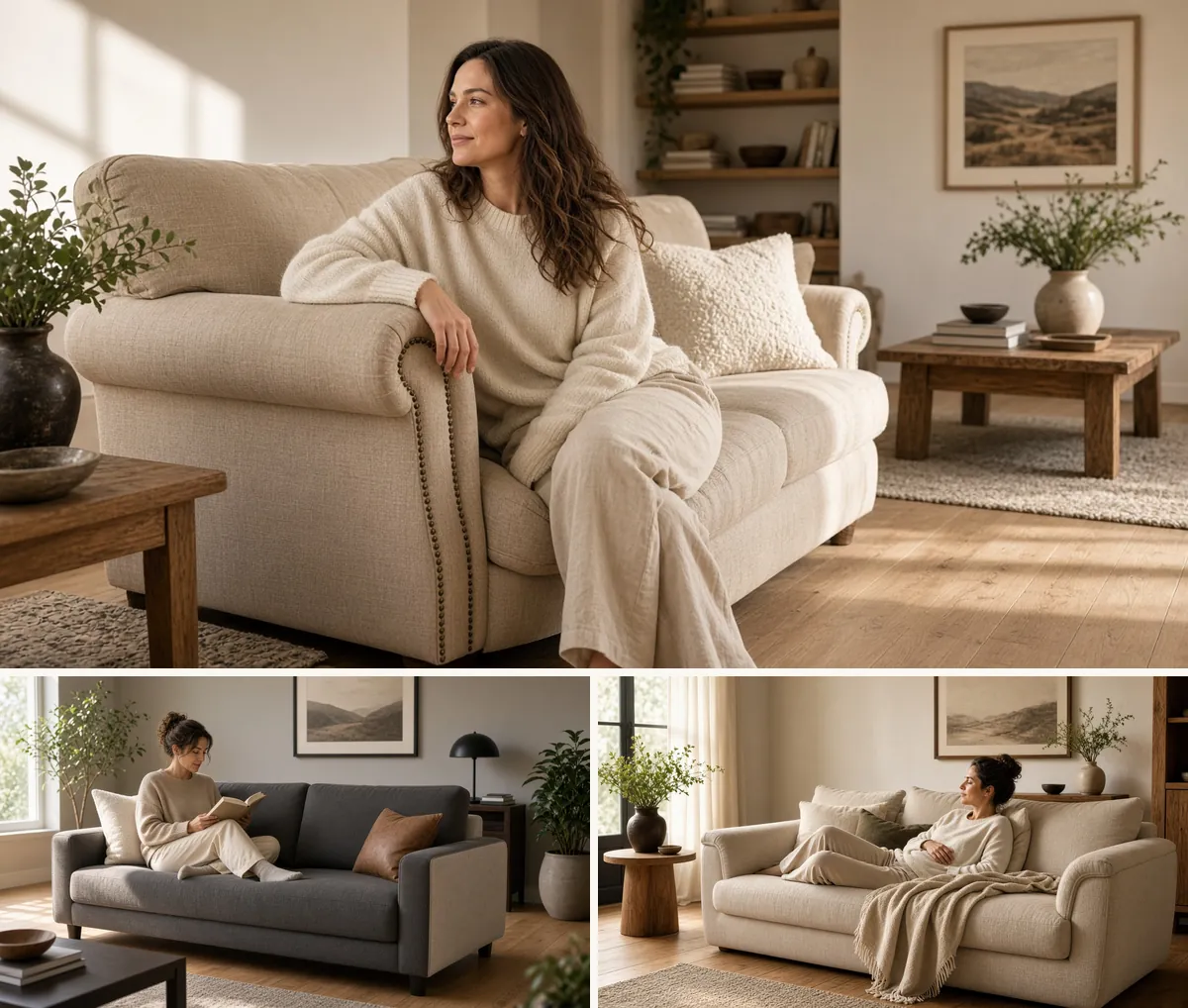 Collage of rolled arms, track arms, and pillow arms on living room sofas with people using each arm as a lean or tray surface