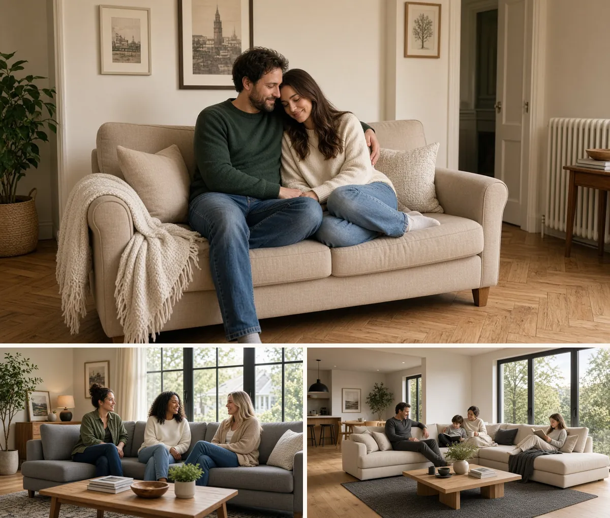 Three-panel collage: loveseat for two, standard 3 seater with three people, long 4 seater in large bright living room