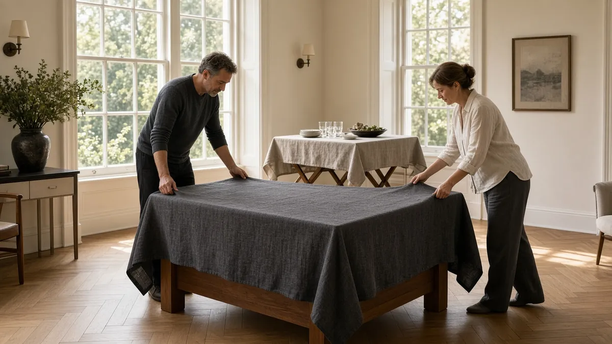 Couple setting a square dining table with a charcoal cloth while a nearby card table wears a matching lighter cloth