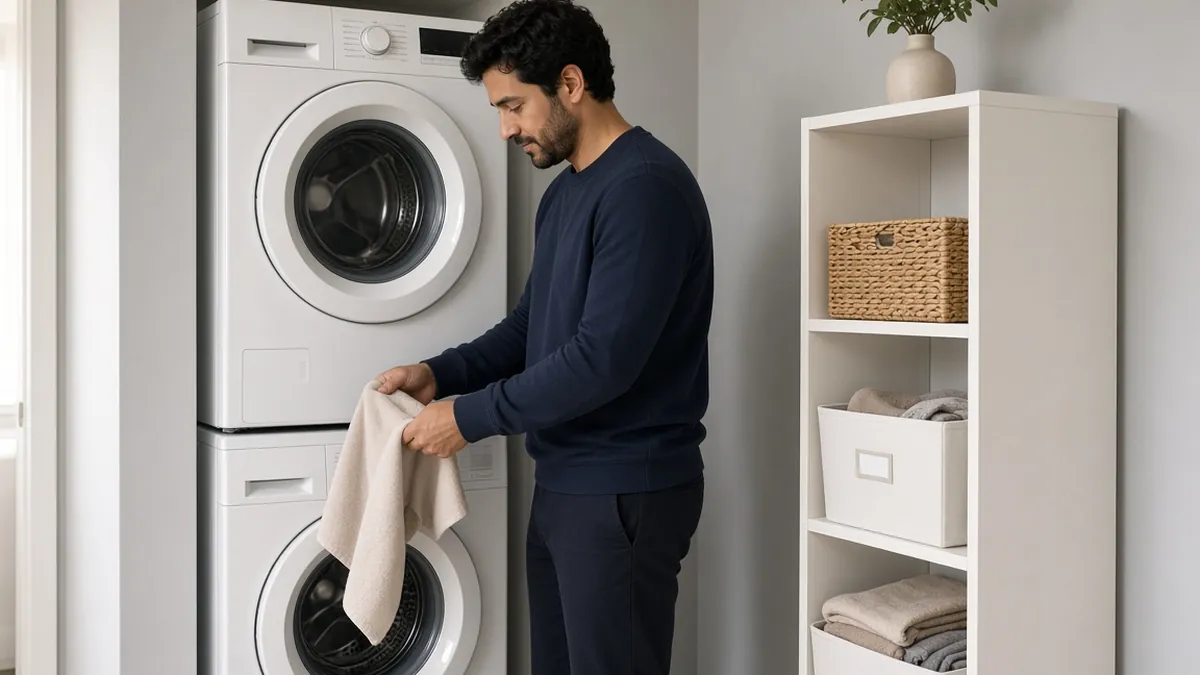 Stacked washer and dryer idea: man taking a towel from a stacked washer and dryer beside a narrow white shelf with bins