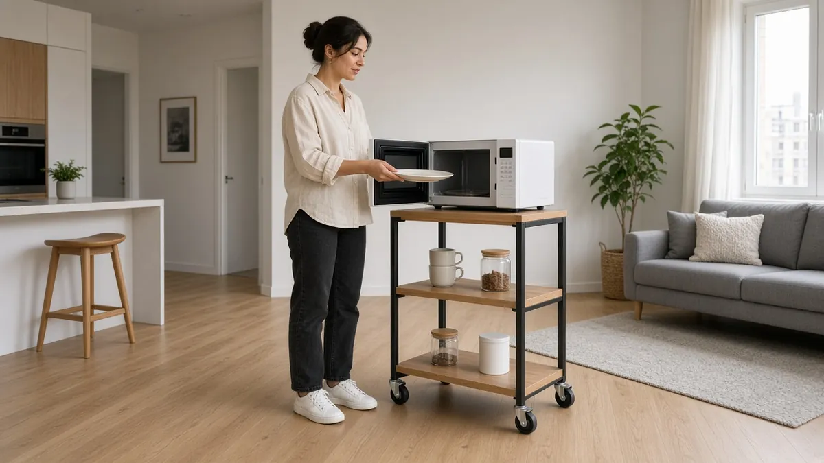 Young woman standing beside a rolling microwave cart, taking a plate from the microwave in a bright studio apartment kitchen