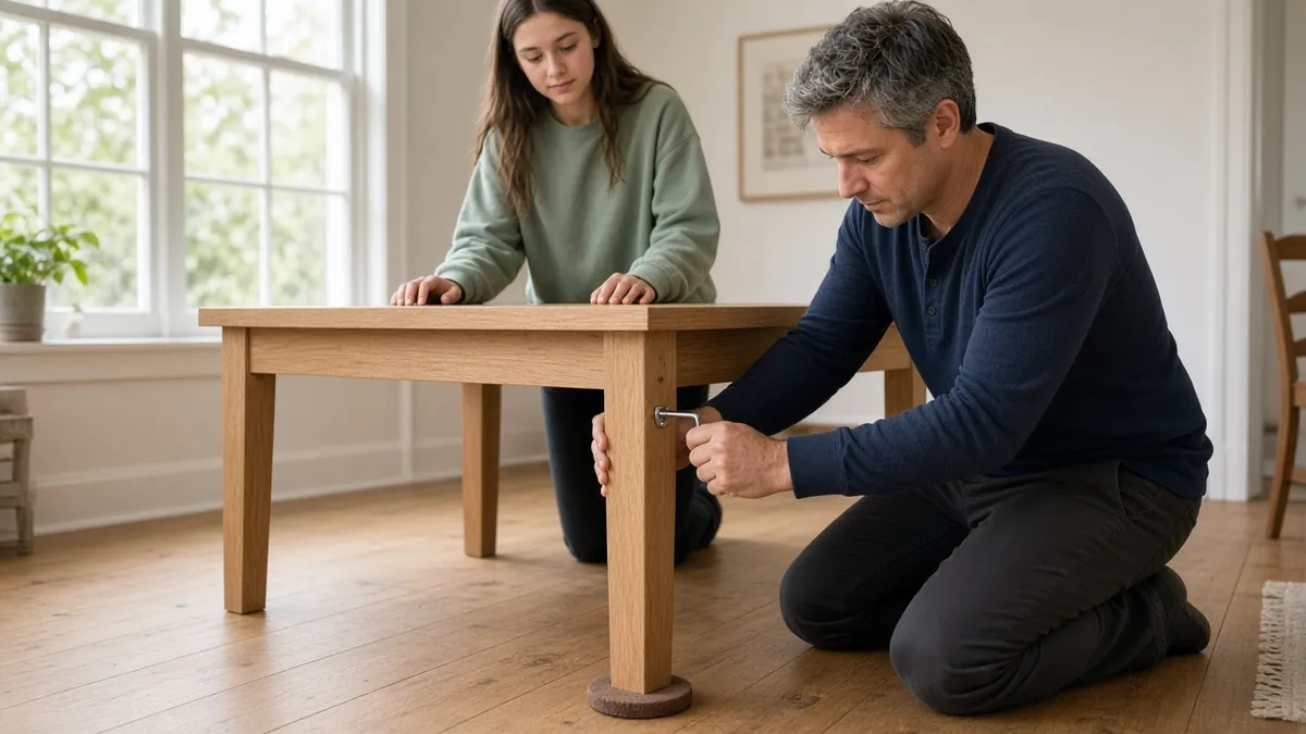 Man tightening the corner bolt between a table leg and apron with an Allen key while his daughter steadies the table