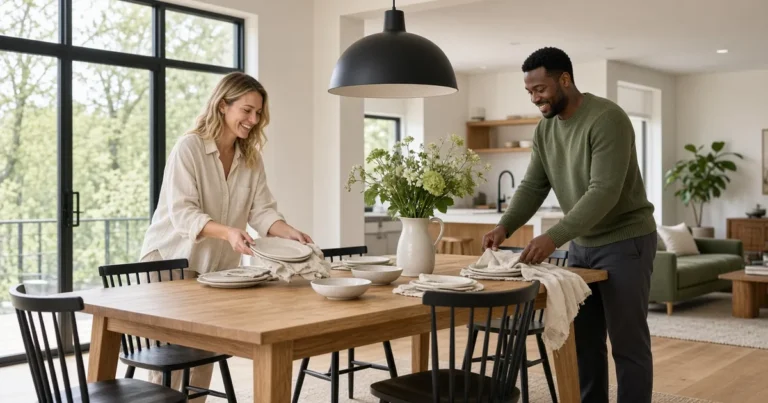 Couple setting plates and flowers on an oak dining table with tapered legs and apron in a bright open-plan home