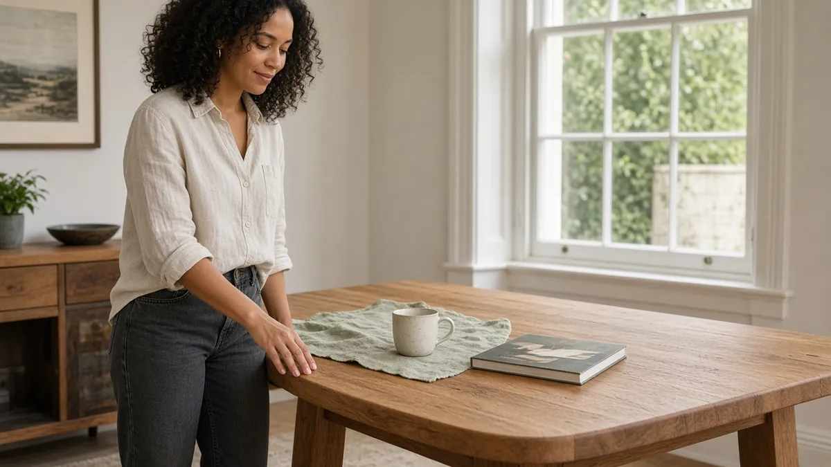 Woman running her fingers along the rounded edge of an oak tabletop beside a sage linen runner