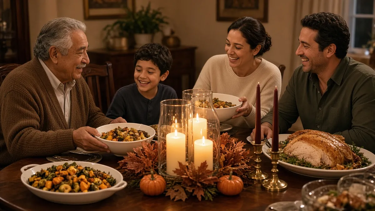 Family at dinner around a Thanksgiving candle centerpiece of flameless pillars in glass hurricanes and fall leaves