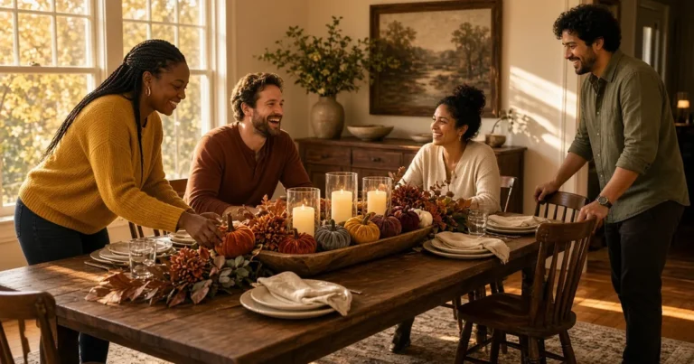 Friends gathered around a low Thanksgiving centerpiece of velvet pumpkins, fall flowers and flameless candles