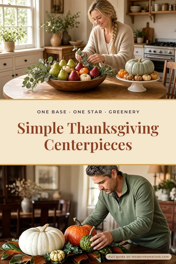 Simple Thanksgiving Centerpieces: Pears, Mini Pumpkins and Eucalyptus in 10 Minutes