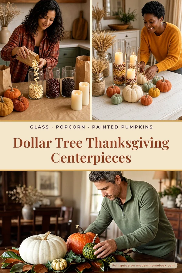 Dollar Tree Thanksgiving Centerpieces: Glass Cylinders, Popped Popcorn and Painted Pumpkins