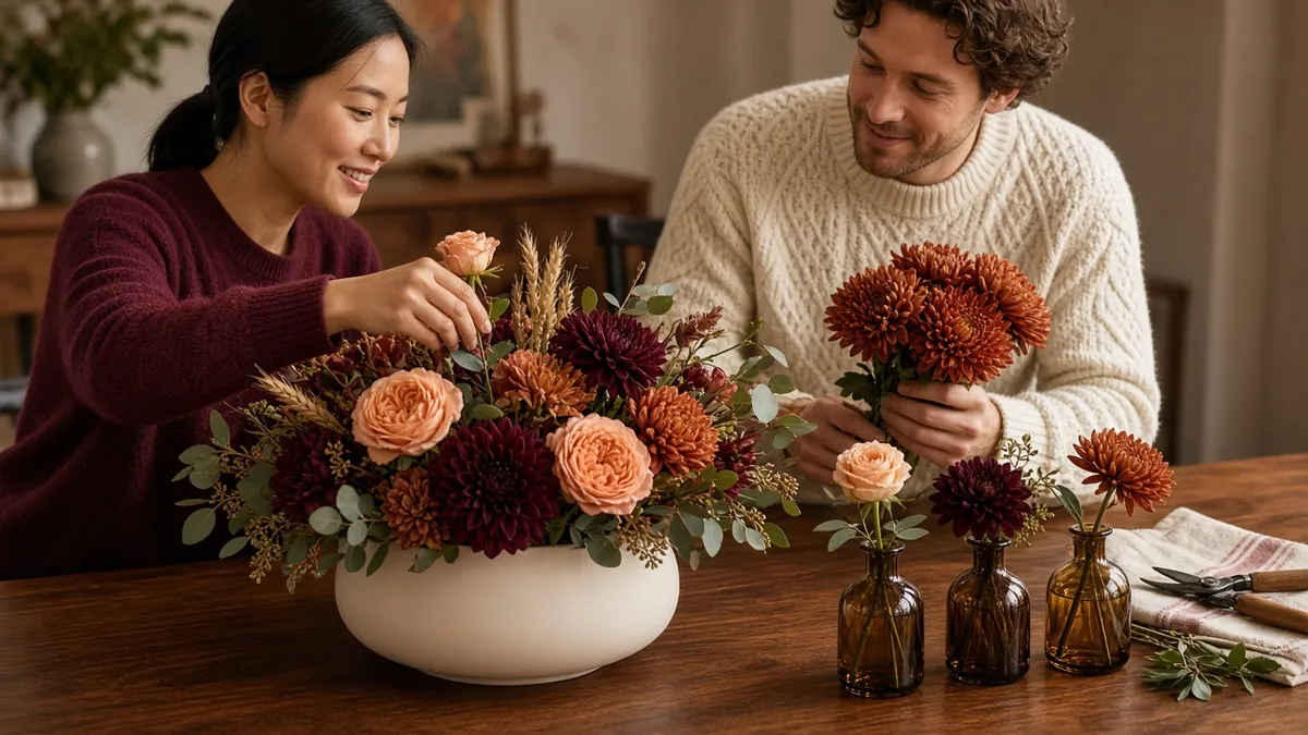 Couple making a low Thanksgiving floral centerpiece with rust mums and garden roses in a ceramic bowl