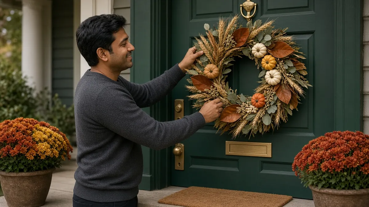 Man hanging a harvest wreath with wheat and magnolia leaves on a front door for Thanksgiving door decor