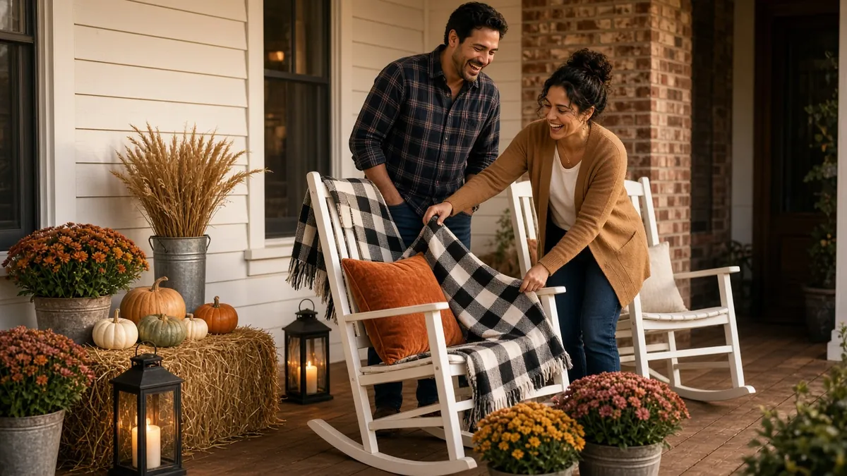 Couple setting a cozy Thanksgiving front porch with rocking chairs, plaid throw, hay bale and lanterns
