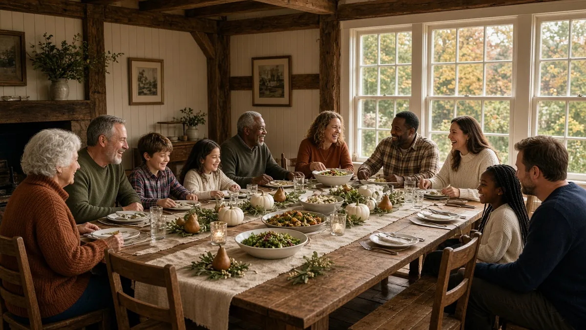 Big family at a long rustic farmhouse table with thanksgiving tablescape ideas of pumpkins, greenery and candles