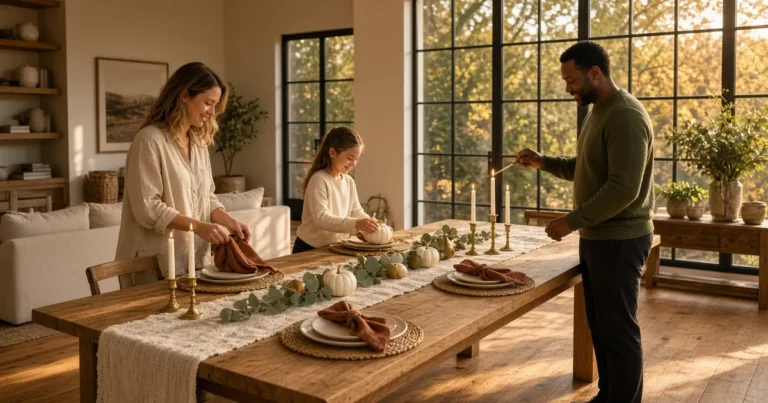 Family setting a long thanksgiving table with a cream runner, white pumpkins, taper candles and rust napkins