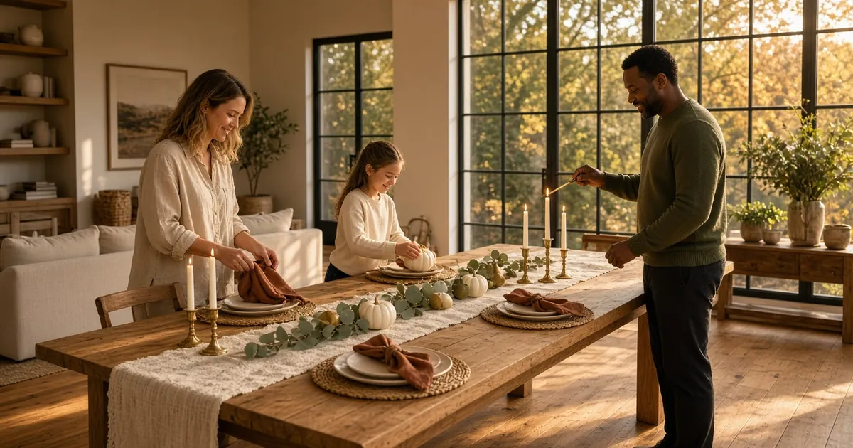 Family setting a long thanksgiving table with a cream runner, white pumpkins, taper candles and rust napkins
