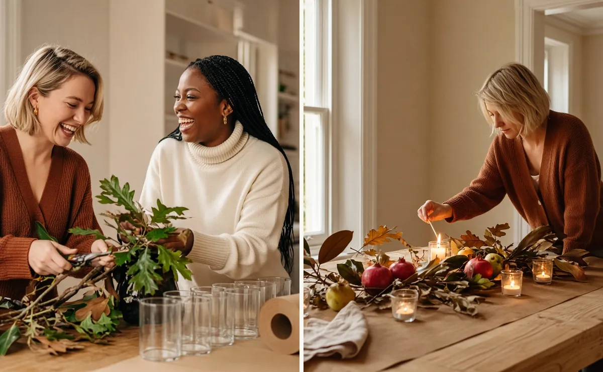 Friends styling thanksgiving table decor on a budget with foraged branches and dollar tree glass votives