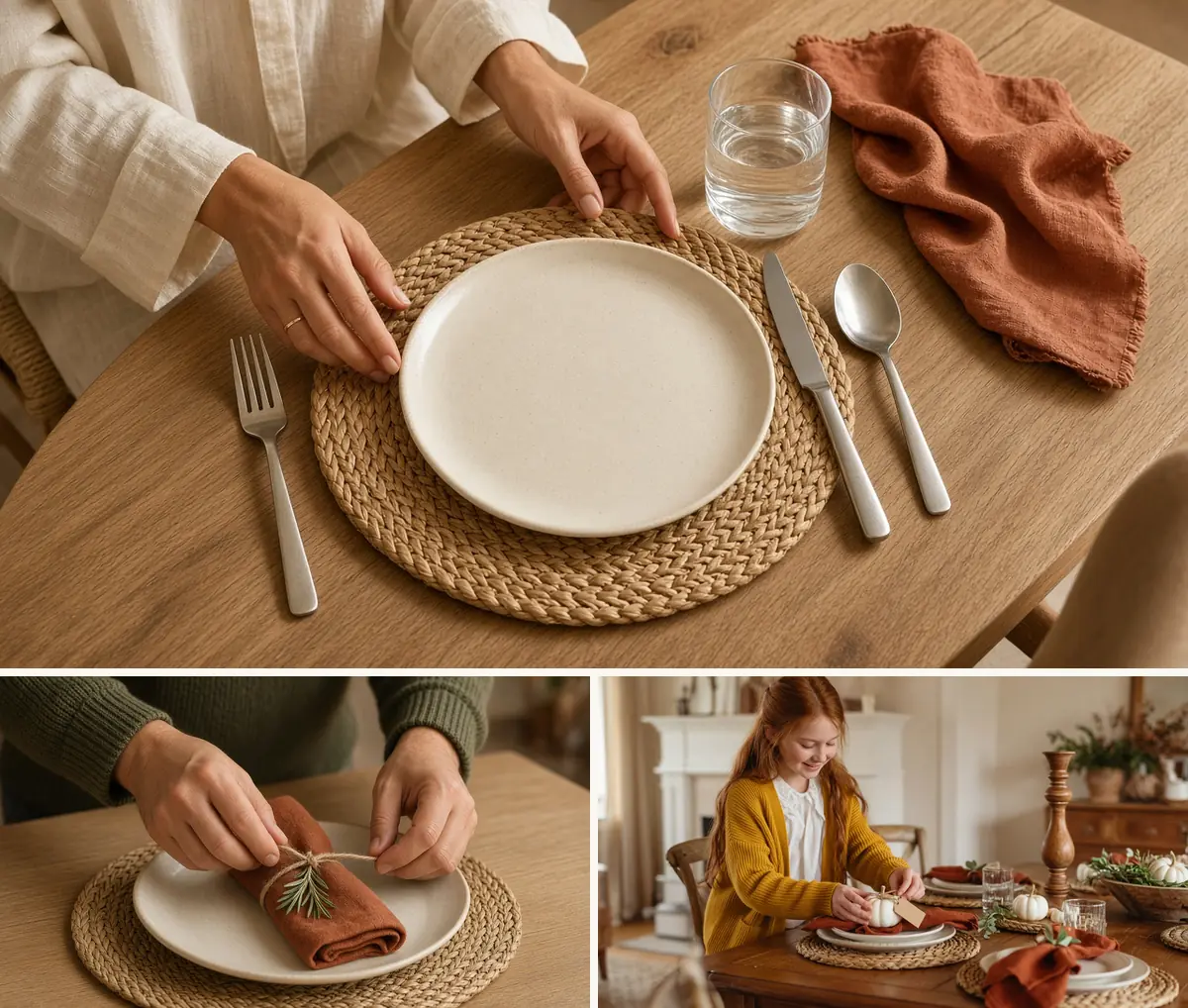 Hands placing a woven placemat, folded rust napkin and pumpkin place card for thanksgiving table setting ideas