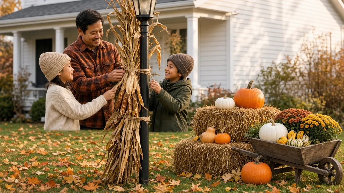 Father and kids tying corn stalks to a lamp post with hay bales and pumpkins as Thanksgiving yard decorations
