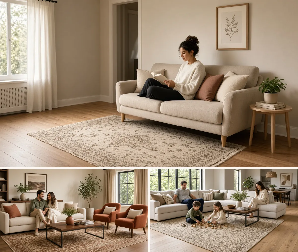Rug sizes chart in real rooms: a 5x7 under a loveseat, an 8x10 under a sofa and chairs, a 9x12 under a large sectional