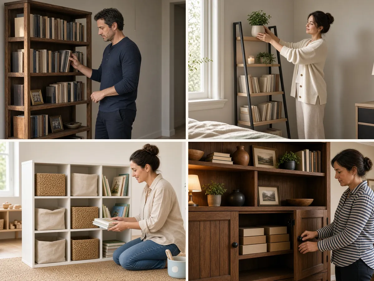 Collage of bookcase types: a tall open bookcase, a ladder shelf, a white cube organizer and a bookcase with lower doors