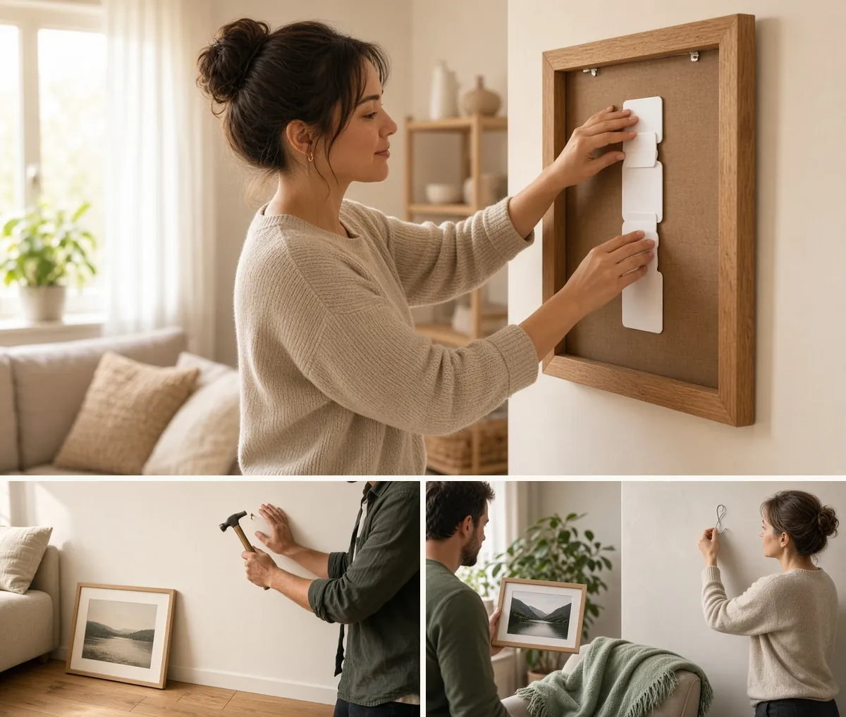 Collage of people using adhesive strips, nail-in picture hooks, and drywall monkey hooks to hang frames on neutral walls