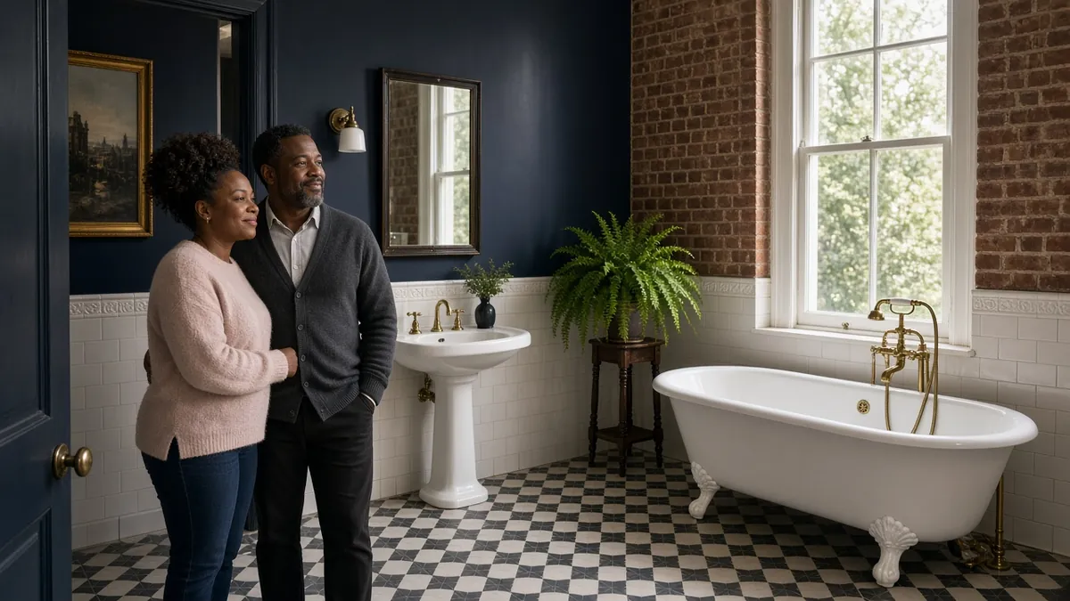 Couple admiring the Victorian bathroom aesthetic with a roll-top tub, black and white floor tile and brass taps