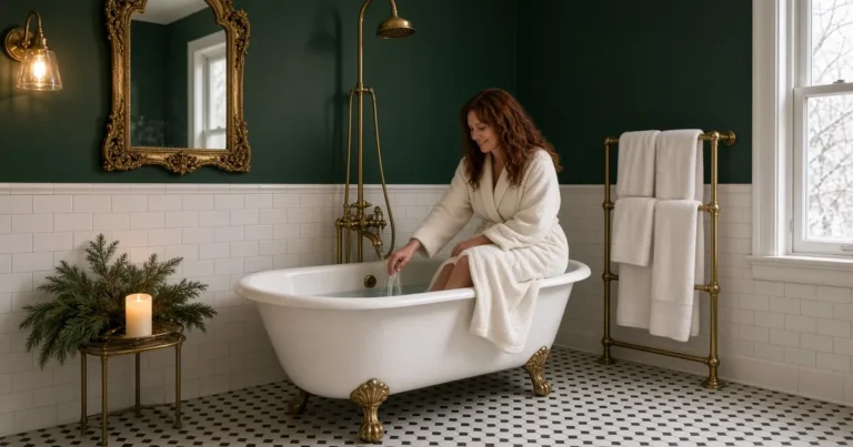 Woman relaxing by a clawfoot tub in a moody Victorian bathroom with dark green walls and brass fixtures