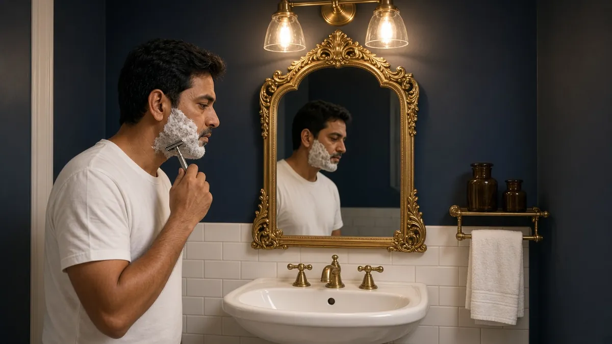Man shaving at a pedestal sink under an ornate gold baroque mirror and brass vanity light in a Victorian bathroom