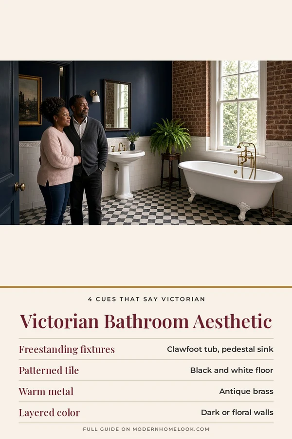 Victorian bathroom aesthetic: couple in a navy bathroom with a roll-top tub and checked floor, above a chart of 4 style cues