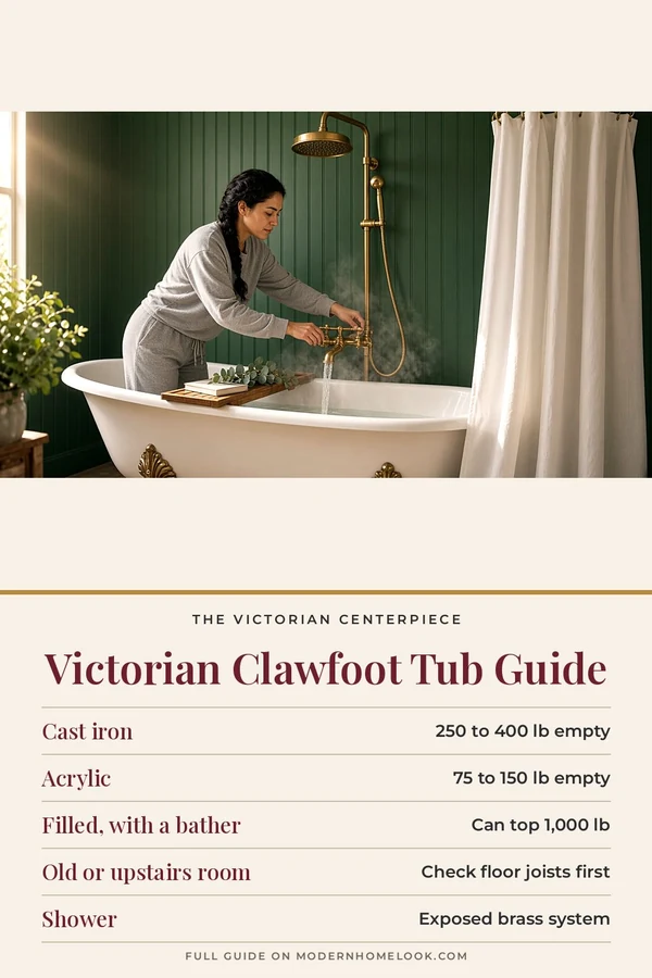 Victorian clawfoot tub: woman running a bath under an antique brass exposed shower, above a chart of tub weights and tips