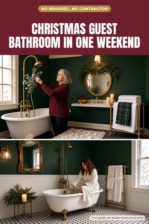 Christmas guest bathroom: woman hanging eucalyptus from a brass shower; woman by a clawfoot tub in a green bathroom