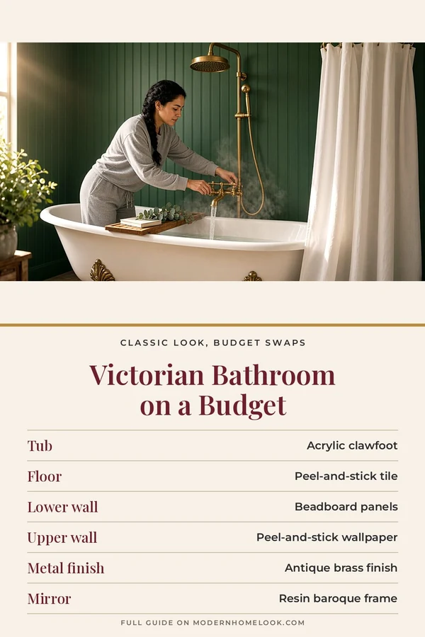 Victorian bathroom on a budget: woman filling a clawfoot tub under a brass shower, above a chart of 6 budget swaps