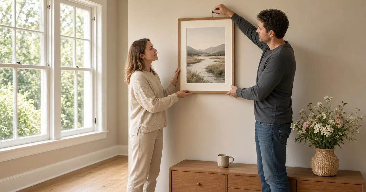 Couple hanging a framed print on a warm living room gallery wall using wall hanging hooks in soft afternoon light
