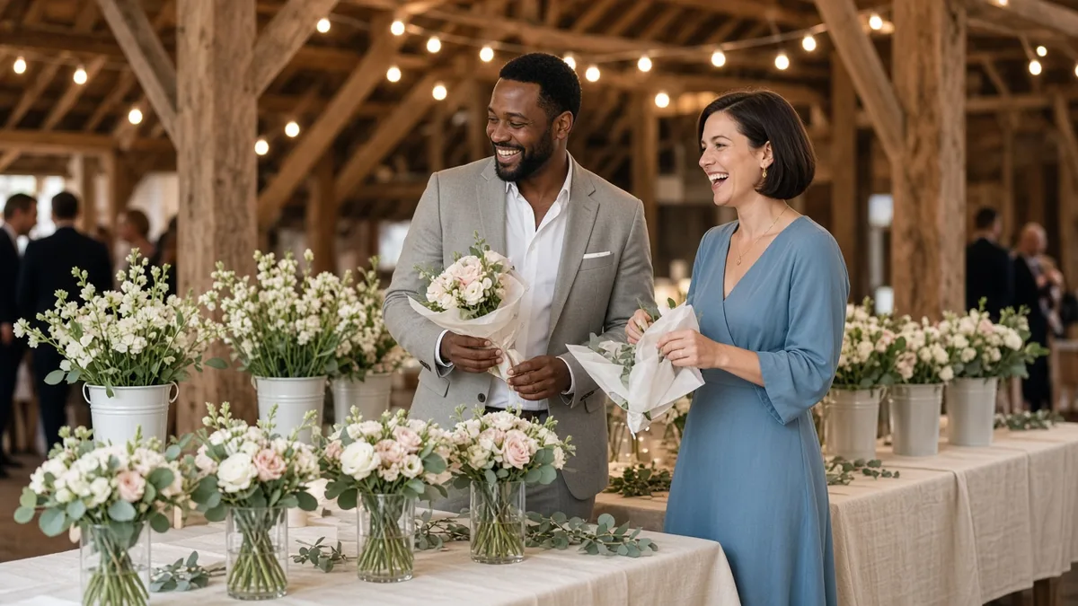 Wedding guest wrapping a white rose and eucalyptus bouquet at a flower bar during the cocktail hour